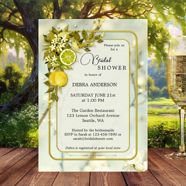 Convites Chá de panela de Aquarela de Lemon Orchard (Orchard bridal shower invitation featuring watercolor lemons and citrus fruits with floral leaves )