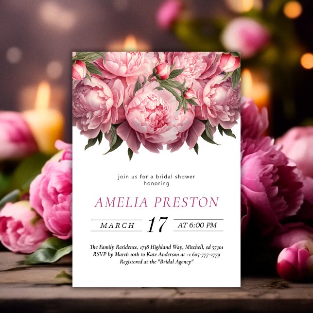Convites Chá de panela de Aquarela de Peões Rosa (Pink Peonies Watercolor Bridal Shower Invitation)