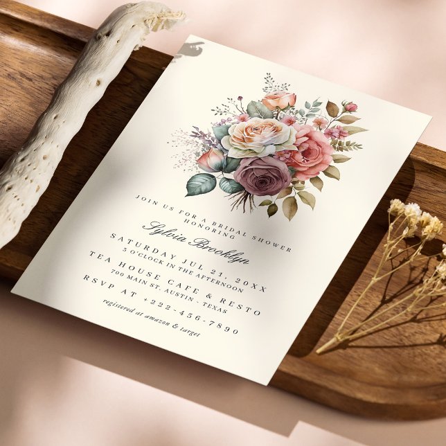 Convites Chá de panela de Aquarela de Rosa Delicado (Personalized Delicate Rose Watercolor Bridal Shower Invitation)