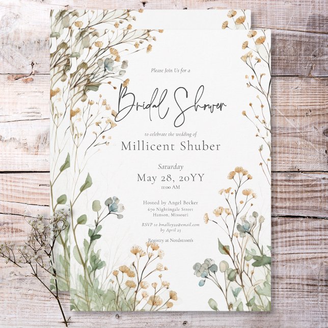 Convites Chá de panela de Aquarela do Bebê Russo (Rustic Baby's Breath Watercolor Bridal Shower Invitation)