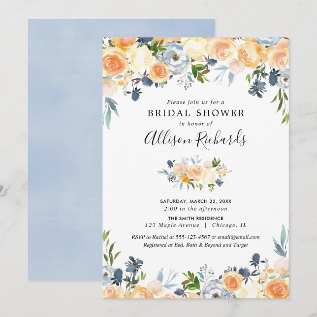 Convites chá de panela de aquarela floral azul de pêssego (Frente/Verso)