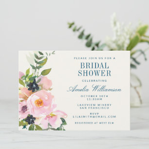 Convites Chá de panela de Aquarela Floral Azul Elegante 