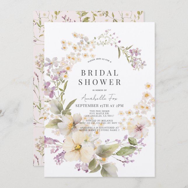 Convites Chá de panela de Aquarela Floral Branco e Puro (Frente/Verso)