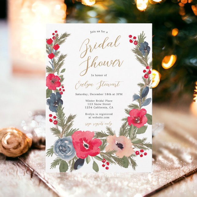 Convites Chá de panela de Aquarela Floral de inverno, russo (Rustic chic Winter Floral Watercolor bridal shower Invitation)