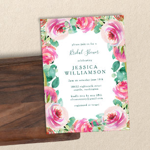 Convites Chá de panela de Aquarela Floral de Rosas Rosa Rus