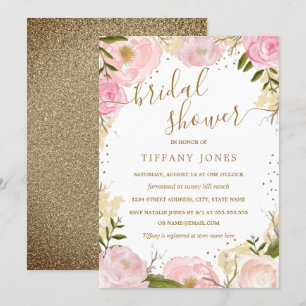 Convites Chá de panela de Aquarela Floral Dourada rosa