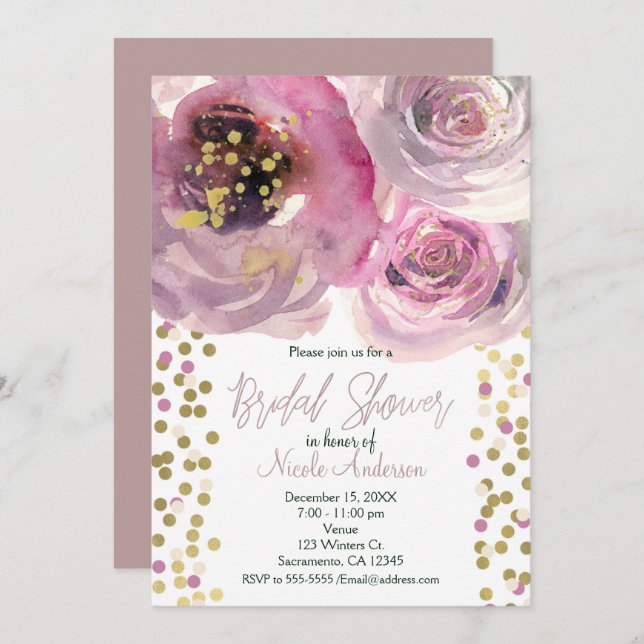 Convites Chá de panela de Aquarela Floral Moderna, Rosa e D (Frente/Verso)