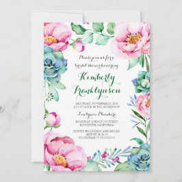 Convites Chá de panela de Aquarela Floral, Rosa, Botânico