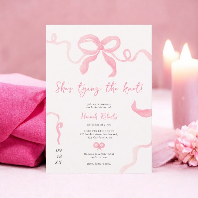 Convites Chá de panela de aquarela romeno de fita de arco r (Romantic pink bow ribbon watercolor bridal shower invitation)