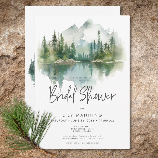 Convites Chá de panela de Aquarela Rustic Mountain Lake (Rustic Mountain Lake Watercolor Bridal Shower Invitation)