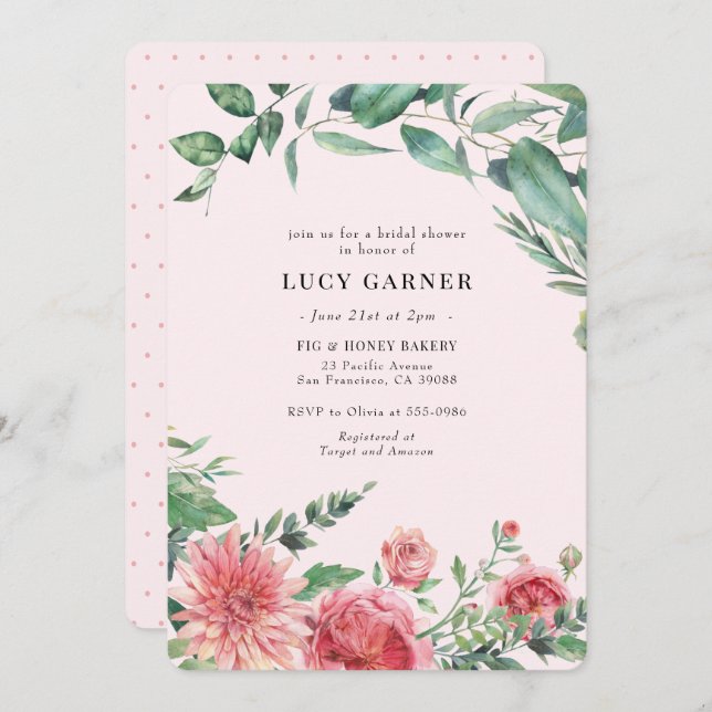 Convites Chá de panela de Aquarela Verde Rosa (Frente/Verso)