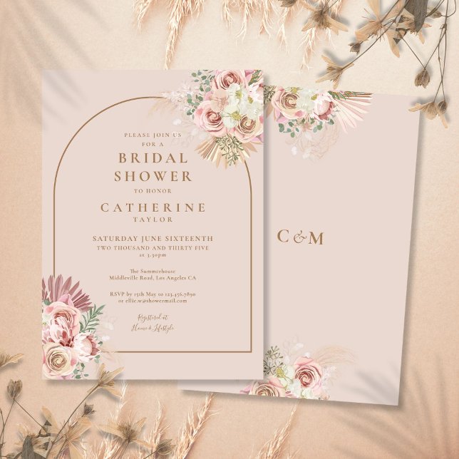 Convites Chá de panela de Arca Floral Pampas Grass (Pampas Grass Floral Arch Bridal Shower Invitation)
