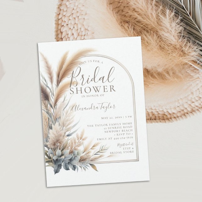 Convites Chá de panela de Arco Boho de Flores Secas Pampas (pampas grass bridal shower invitation boho arch dried flowers muted greens white minimalist bohemian)