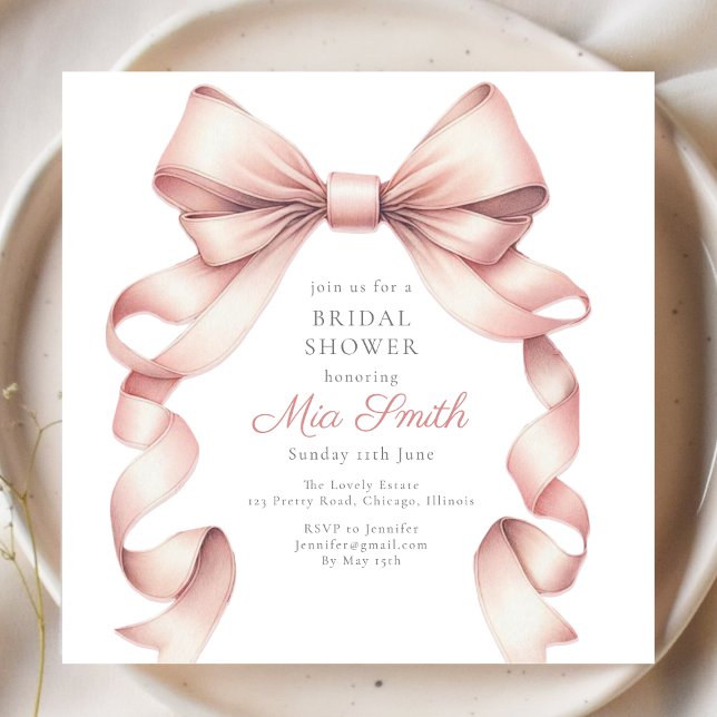 Convites Chá de panela de Arco de Aquarela Girly Coquette (Elegant pink bow bridal shower invitation honoring the bride to be. Customize for a chic celebration)