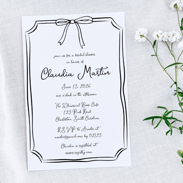 Convites Chá de panela De Arco Desenhado À Mão (Minimalist bridal shower invitation with a cute bow and modern typography—ideal for a stylish bride.)