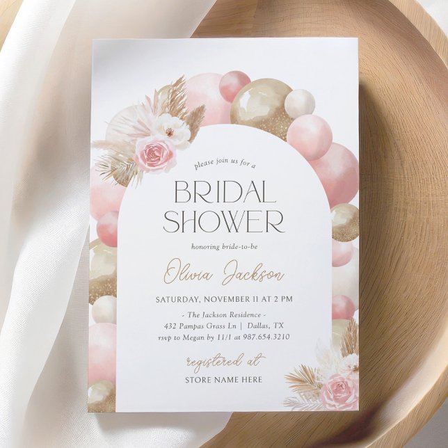 Convites Chá de panela de Arco do Balão de Grama Boho Rosa  (Criador carregado)