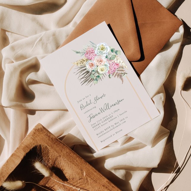 Convites Chá de panela de Arco Floral de Blush Boho Pampas  (Criador carregado)