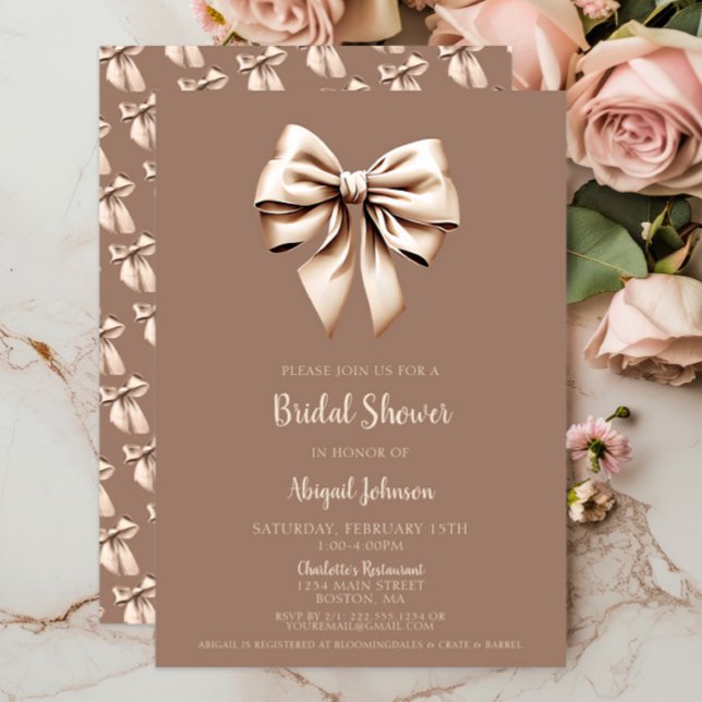 Convites Chá de panela de Arco Marrom elegante (Brown Cream Coquette Bow Bridal Shower Invitation, Elegant Wedding Shower, Modern, Mocha, Script )