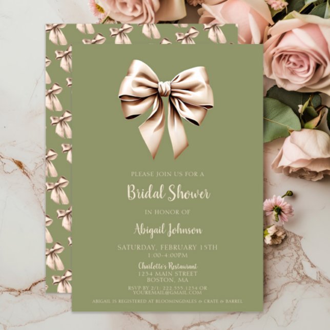 Convites Chá de panela de Arco verde Elegante Sage (Elegant Sage Green Coquette Bow Bridal Shower Invitations, Wedding Shower, Modern, Beige Bows, Chic)