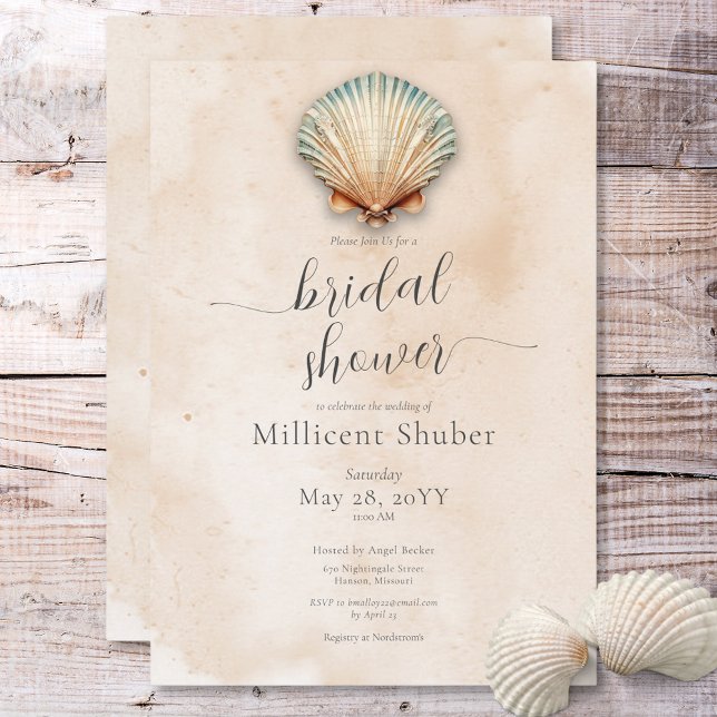 Convites Chá de panela de Areia Costeira Moderna (Modern Coastal Seashell Sand Bridal Shower Invitation)