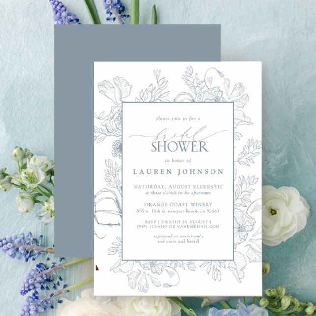 Convites Chá de panela de Arte Floral Azul Elegante (Bridal Shower Invitation)