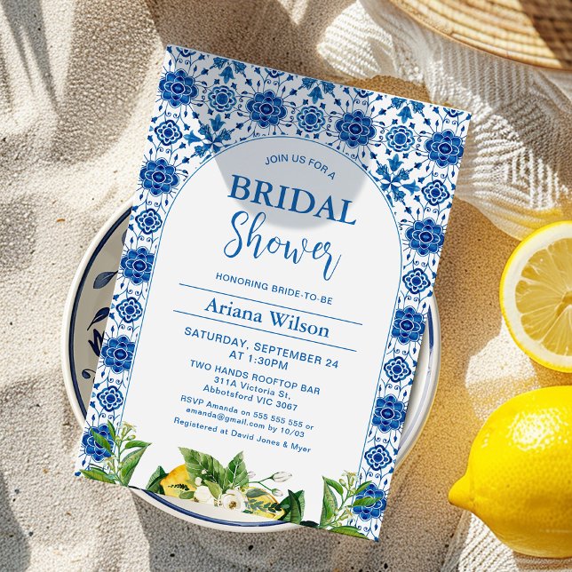Convites Chá de panela de Azulejo de limão azul moderno (Mediterranean Blue Tile Lemon Bridal Shower Invitation Template, Italian Positano Bridal Shower )