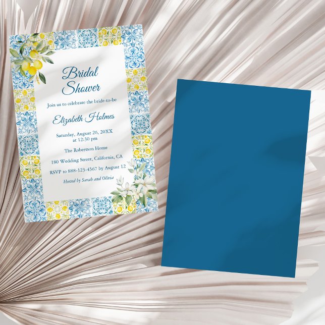 Convites Chá de panela de Azulejos Azuis e Limões do Medite (Mediterranean Blue Tiles and Lemons Bridal Shower Invitation on a dry palm leaf.)