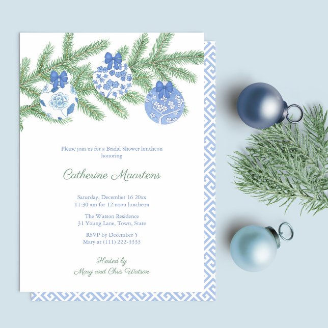 Convites Chá de panela de Balas Brancas Azul de Spruce (Elegant Blue And White Chinoiserie Watercolor Holidays Bridal Shower Party Invitation)
