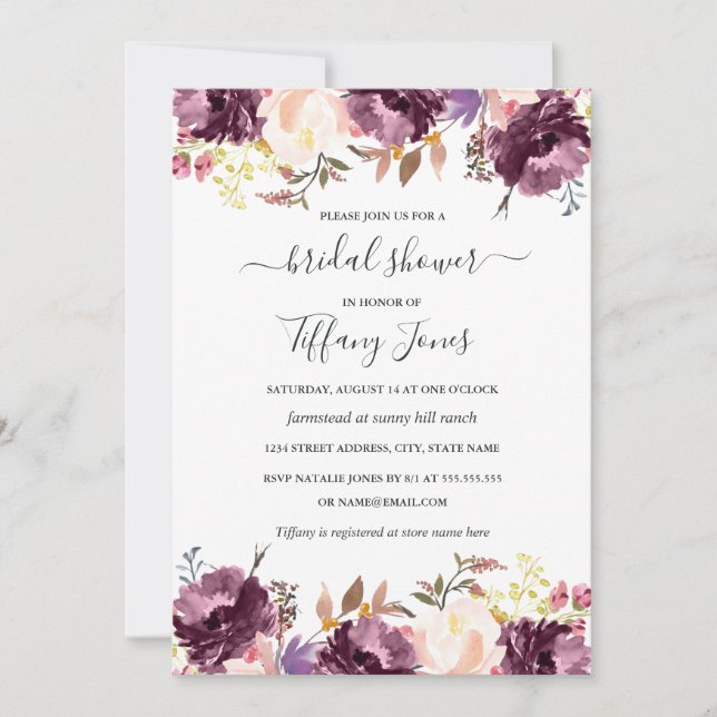 Convites Chá de panela de Bloqueio Floral Roxo com Aquarela (Frente)