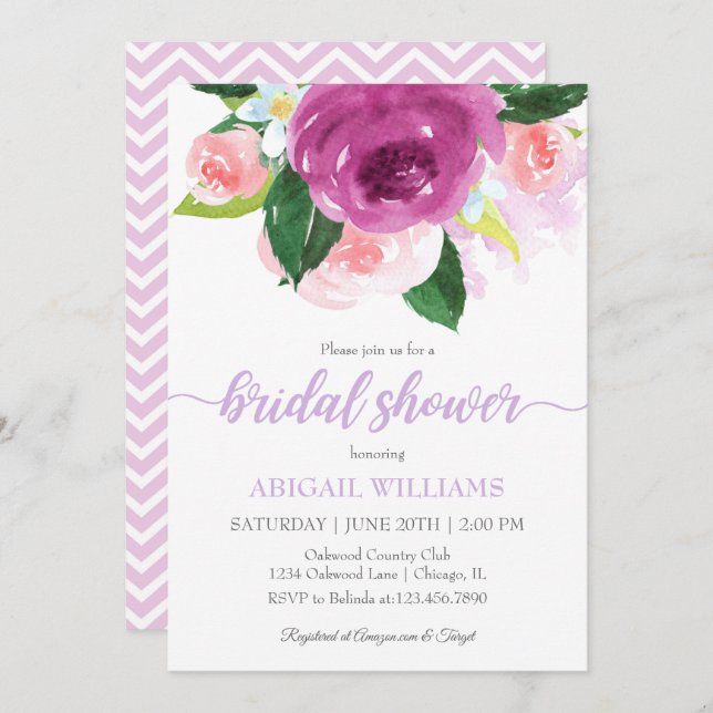 Convites Chá de panela de Blush Pink e Roxo Blooms (Frente/Verso)