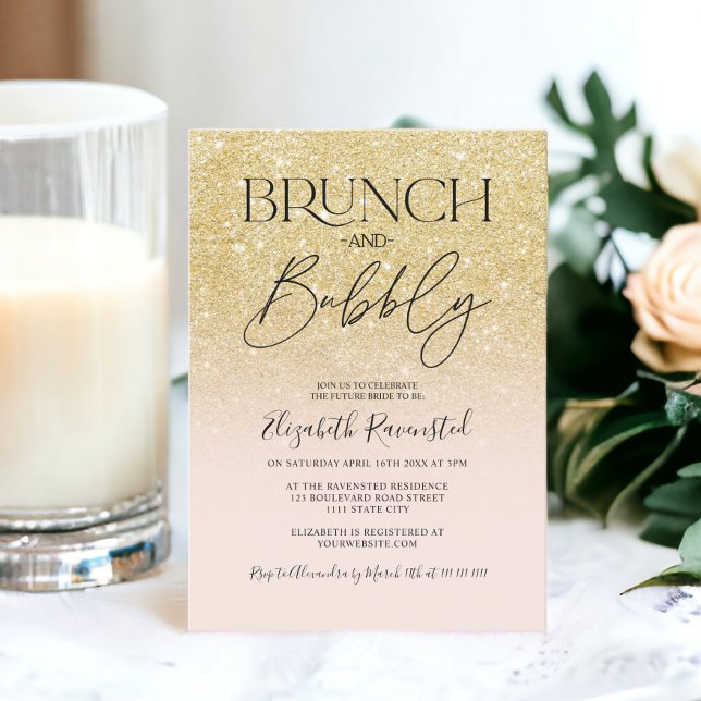 Convites Chá de panela de bolha de mastigação chic gliter d (Chic gold glitter chic brunch bubbly bridal shower invitation)