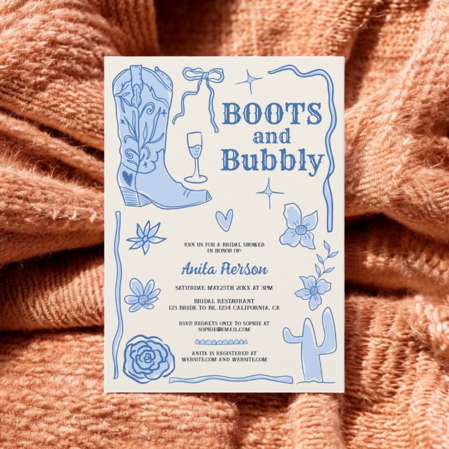 Convites Chá de panela de bolhas azuis (Blue scribbles boots bubbly bridal shower invitation)