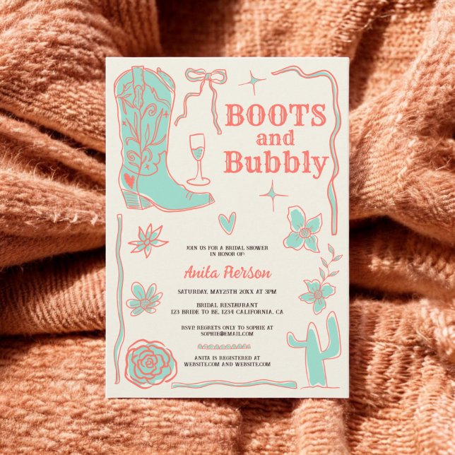 Convites Chá de panela de bolhas de coral (Coral scribbles boots bubbly bridal shower invitation)