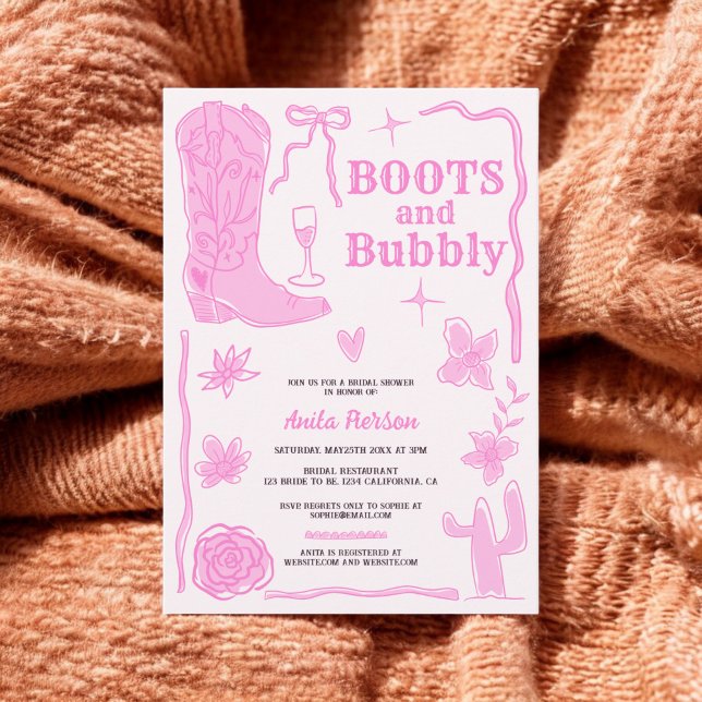 Convites Chá de panela de bolhas puxadas à mão (Handdrawn scribbles boots bubbly bridal shower invitation)