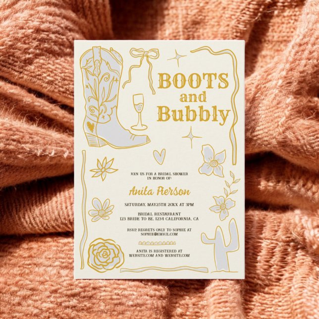Convites Chá de panela de bolhas retrorreflectoras iniciali (Retro scribbles boots bubbly bridal shower invitation)