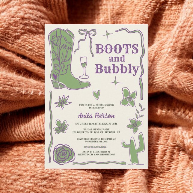 Convites Chá de panela de bolhas roxas verdes (Purple green scribbles boots bubbly bridal shower invitation)