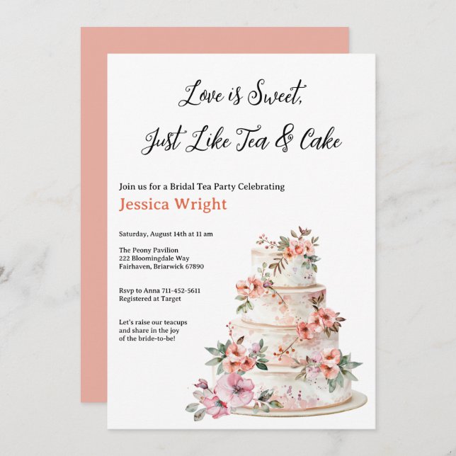 Convites Chá de panela de Bolo Floral Púrpura e Laranja (Frente/Verso)