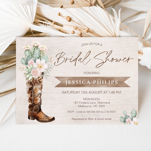 Convites Chá de panela de Boot Rustic Brown Western Cowgirl (Rustic Boho Beige Boot Brunch Bridal Shower Invitation Template, Cowgirl Boot Bridal Shower Invite)