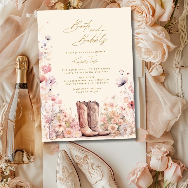 Convites Chá de panela de Boots & Bubble Floral Cowgirl (Boots & Bubbly Floral Cowgirl Bridal Shower Invitation)