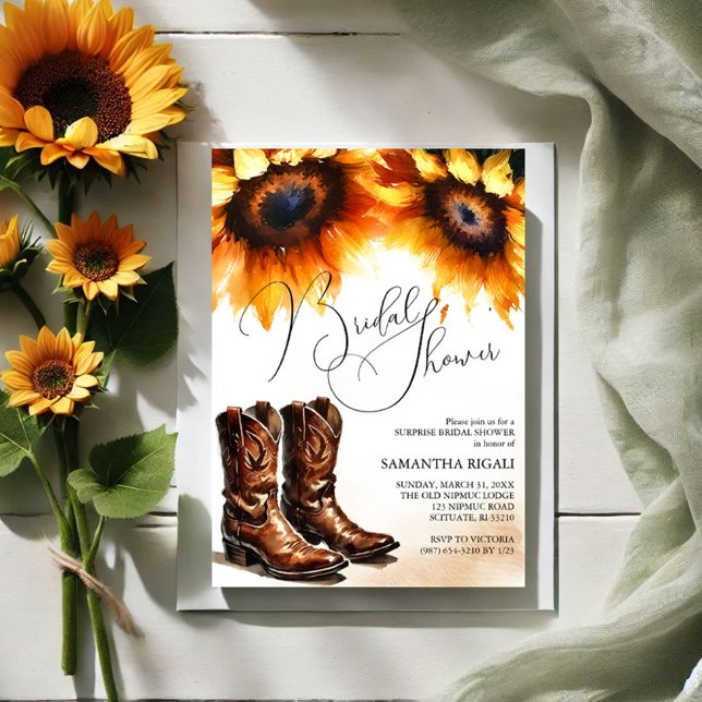 Convites Chá de panela de Boots do Cowboy Amarelo (Bridal shower invitations watercolor sunflowers and cowboy boots )
