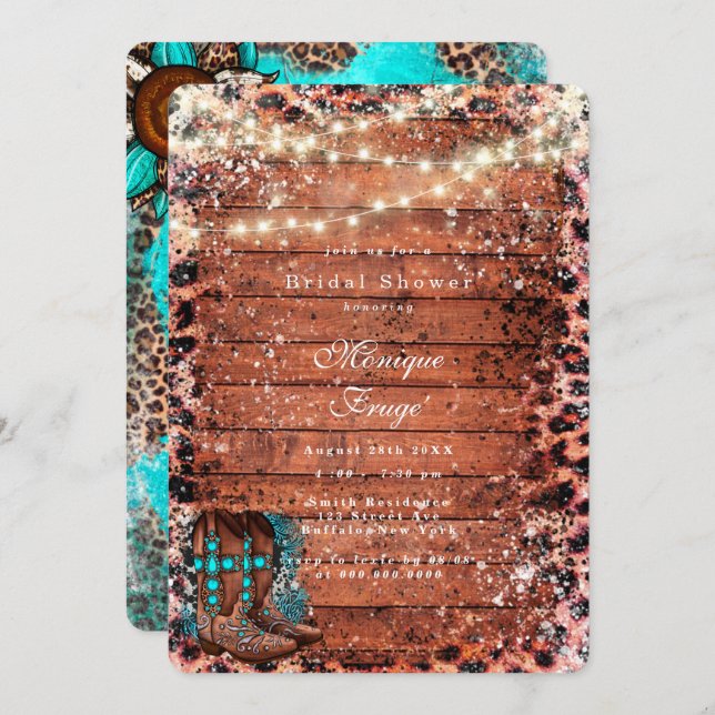 Convites Chá de panela de Boots do Cowboy Turquoise (Frente/Verso)