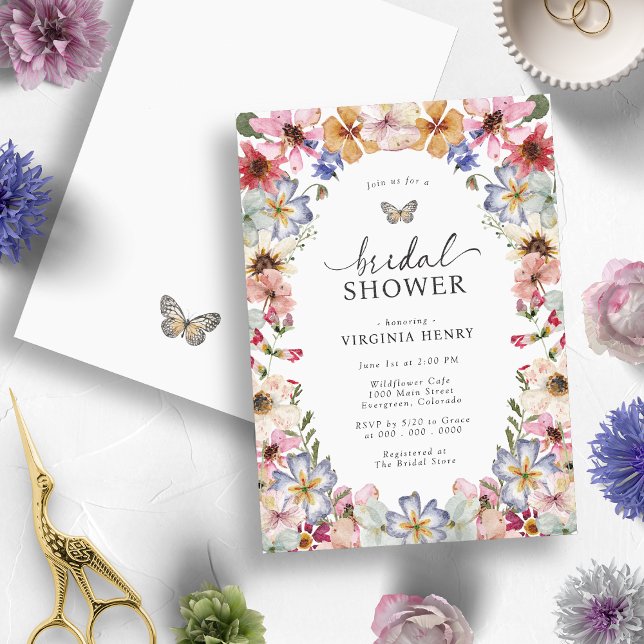 Convites Chá de panela de borboleta (Elegant Boho Wildflower Floral Butterfly Bridal Shower Invitation by Painted Papery
)