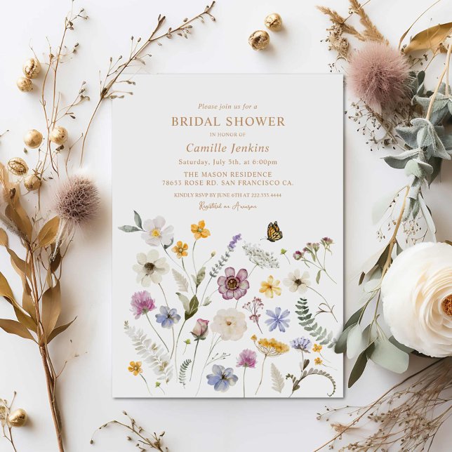 Convites Chá de panela de Borboleta de Flor Selvagem (Boho Wildflower Butterfly Bridal Shower Invitation)