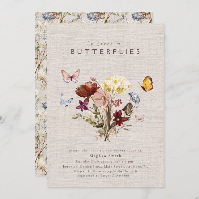 Convites Chá de panela de Borboleta de Flores Selvagem (Frente/Verso)