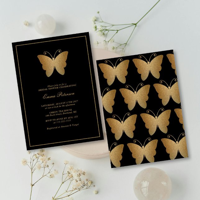 Convites Chá de panela de borboleta Dourada Elegante (Elegant Gold Glitter Butterfly Bridal Shower Invitation )