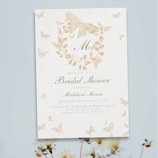 Convites Chá de panela de borboleta Dourada Monograma Verde (gold butterflies bridal shower invitation elegant botanical wreath greenery eucalyptus romantic boho)