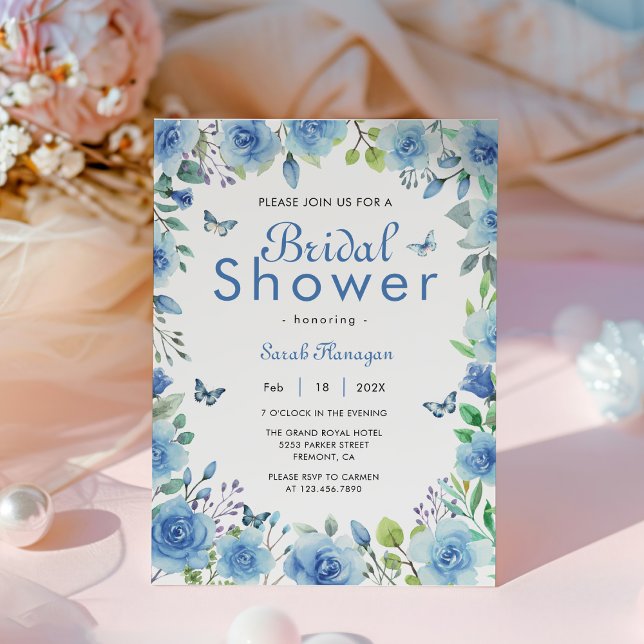 Convites Chá de panela de Borboleta Floral Azul Dusty (Watercolor Dusty Blue Floral Greenery Butterfly bridal shower)