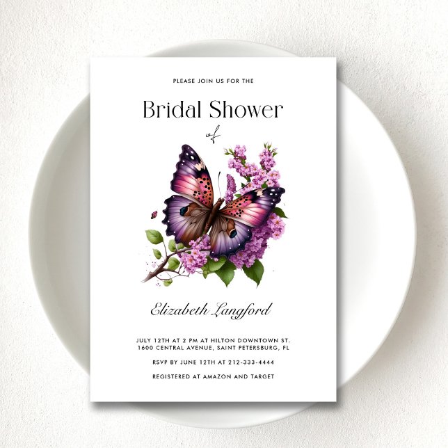 Convites Chá de panela de borboleta plana roxa personalizáv (Customizable Purple Floral Butterfly Bridal Shower Invitation)