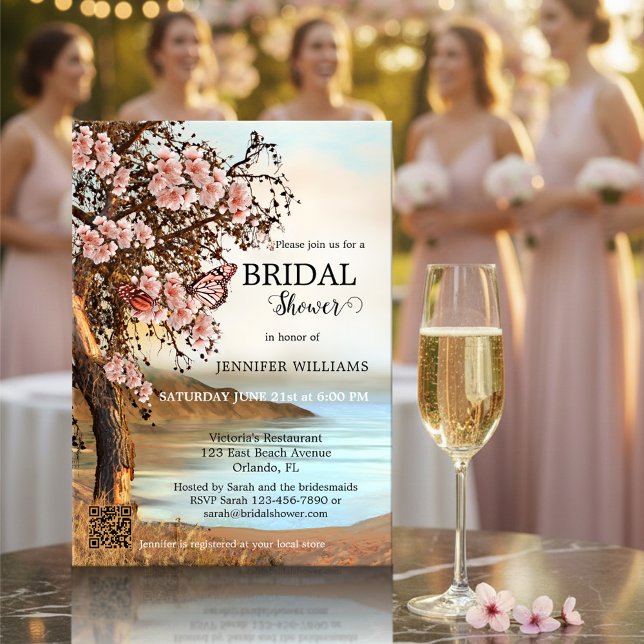 Convites Chá de panela de Borboleta Rosa de Cereja (Original bridal shower invitation featuring pink butterflies on a blossoming cherry tree at a lake)