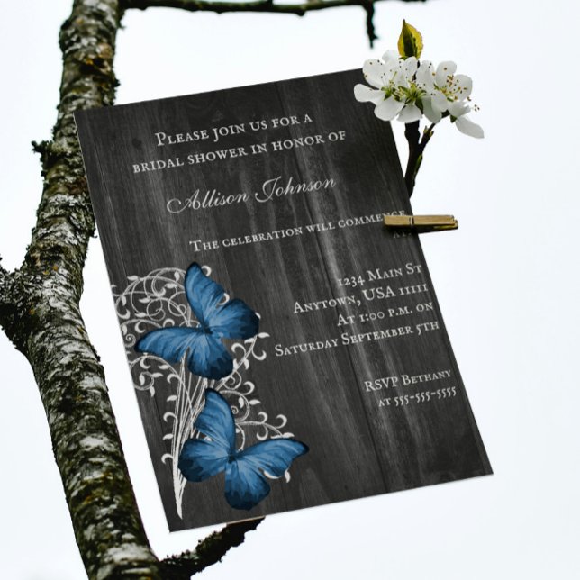 Convites Chá de panela de Borboleta Russa Azul Convidar (Blue Rustic Butterfly Bridal Shower Invitation)